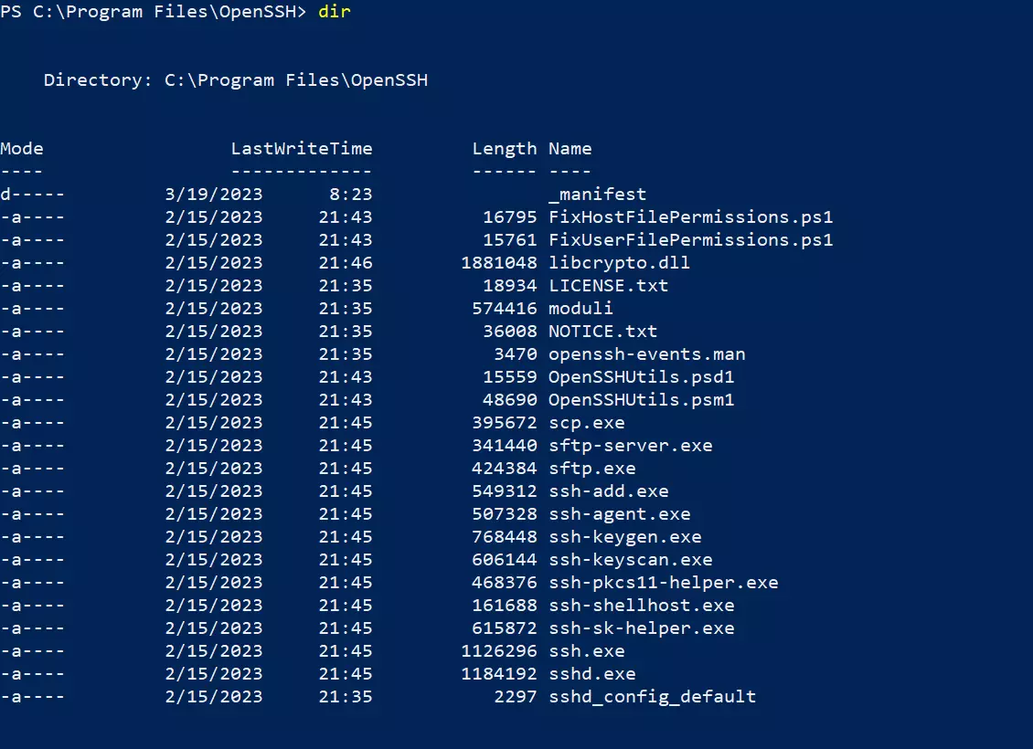 PowerShell : liste des données dans le dossier OpenSSH