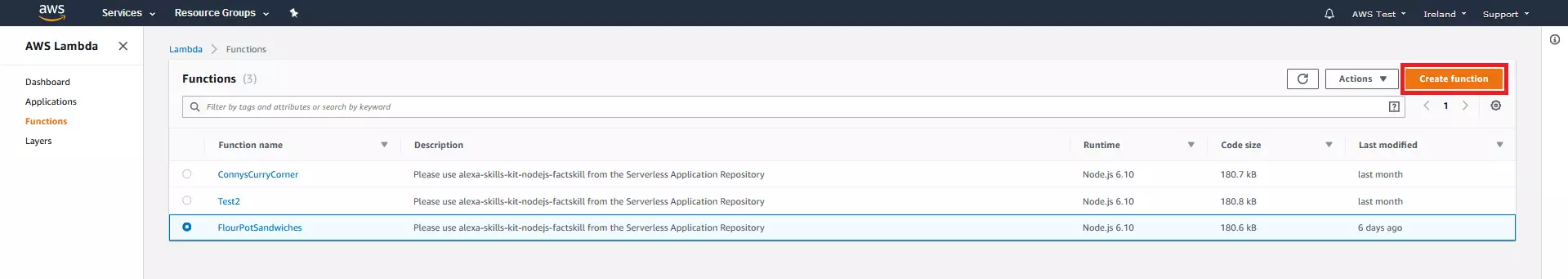 AWS Management Console : vue d’ensemble des fonctions Lambda déjà créées (encore vide).