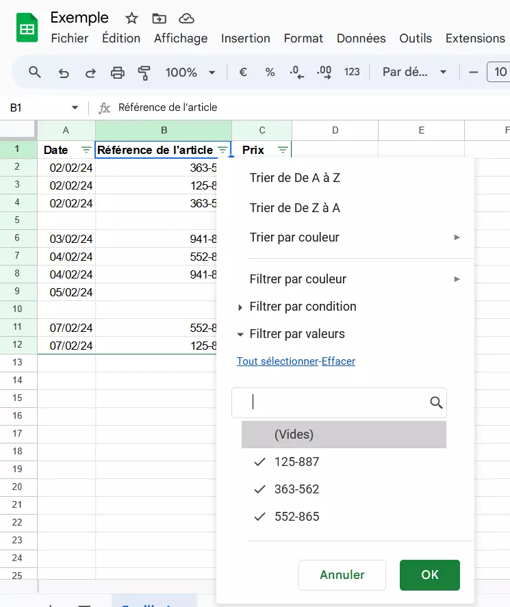 Capture d’écran du menu de filtrage dans Google Sheets