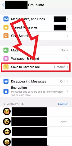 Capture d’écran iPhone mettant en valeur l’option « Enregistrer sur la pellicule » dans les Infos du Groupe