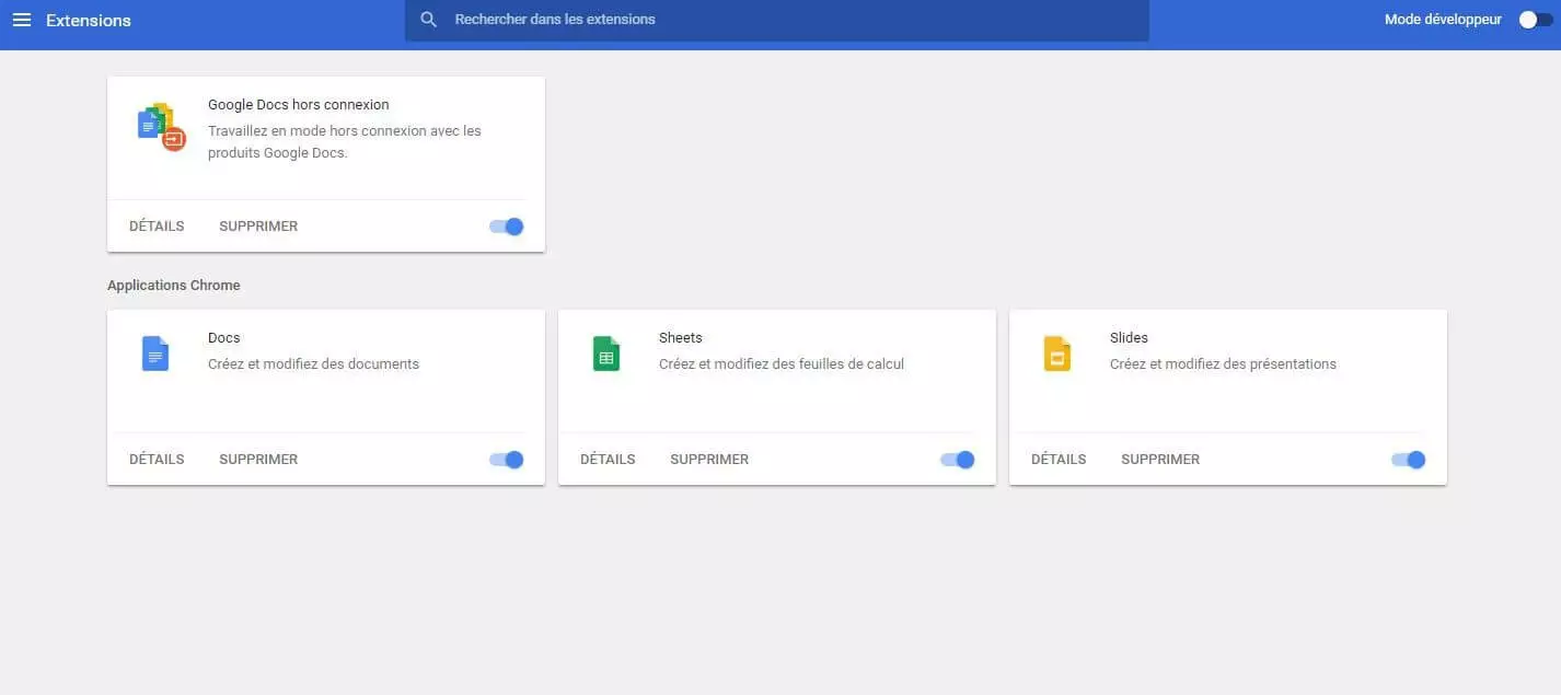 Liste des extensions installées dans Google Chrome