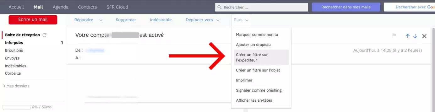 SFR : menu « Plus » dans la Boîte de réception