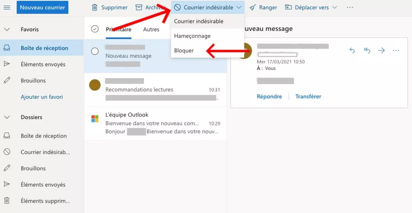 Outlook : Bloquer un expéditeur via le menu « Courrier indésirable »