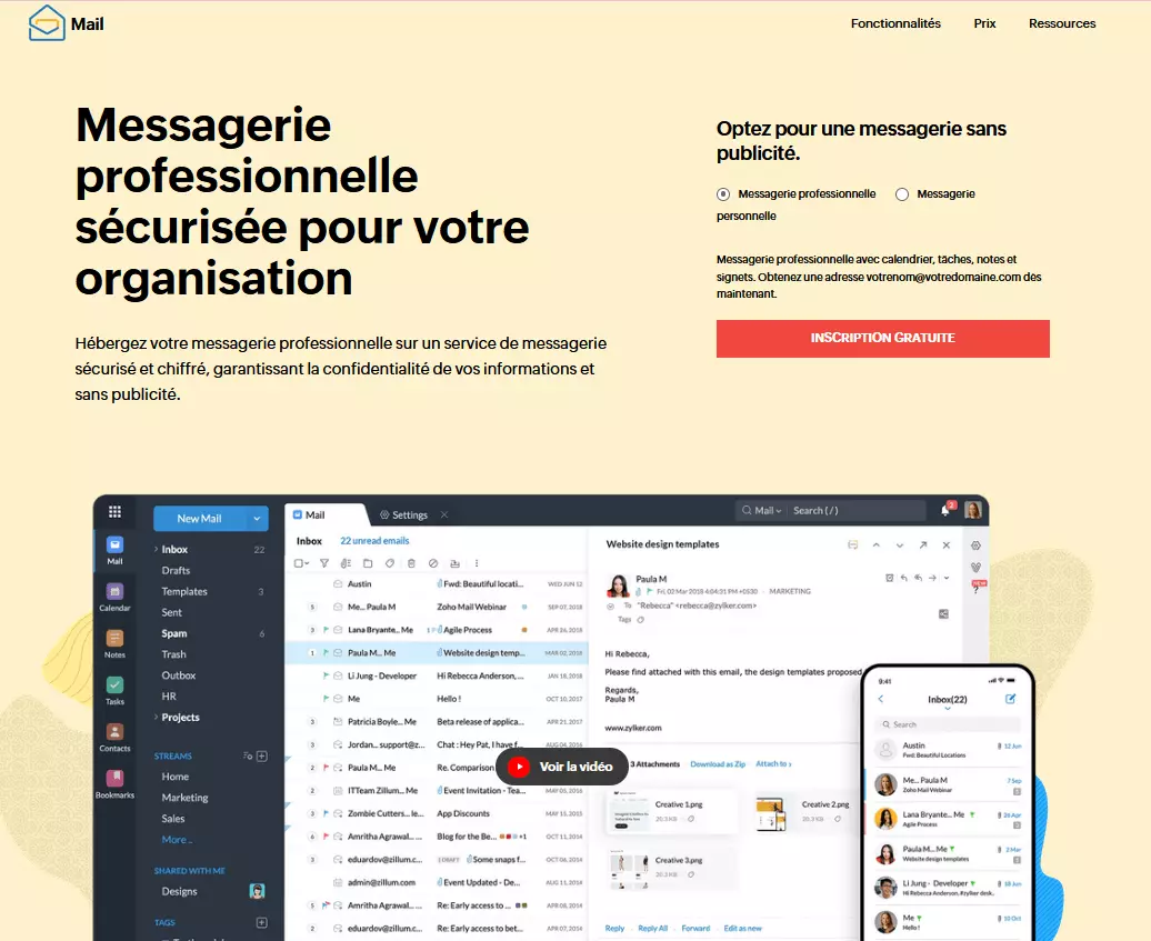 Zoho Mail : capture d’écran du site Web