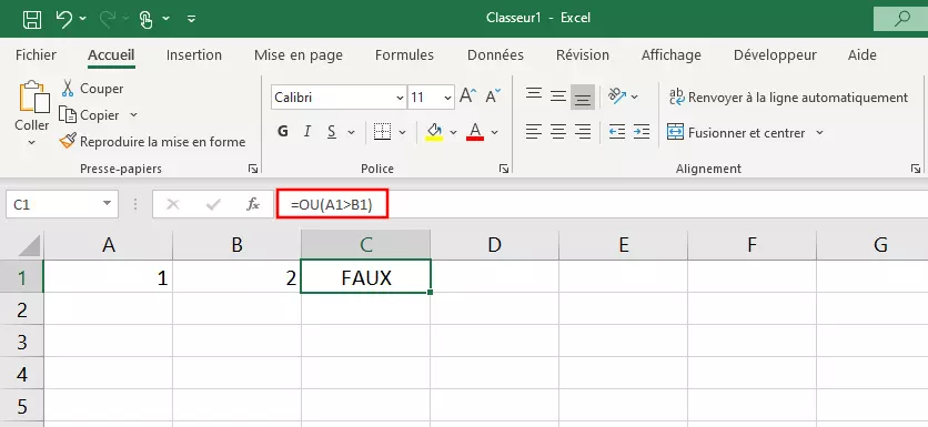 La fonction Excel OU avec un argument simple