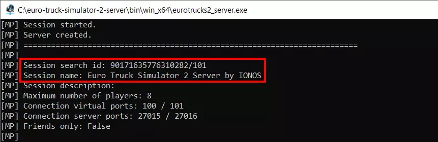 Identifiant de la session et nom du serveur Euro Truck Simulator 2 lancé