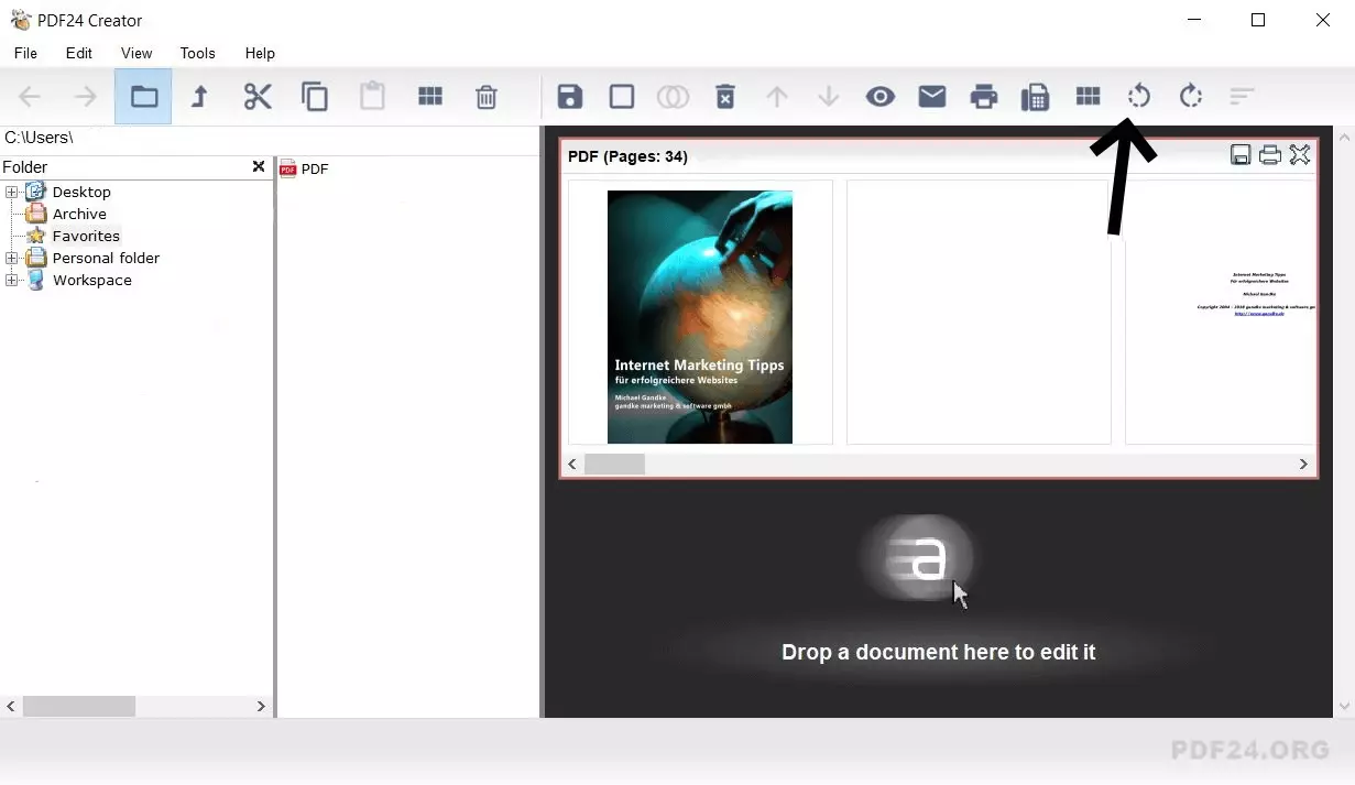 Une flèche marque la fonction « Rotation des pages » dans le programme PDF24