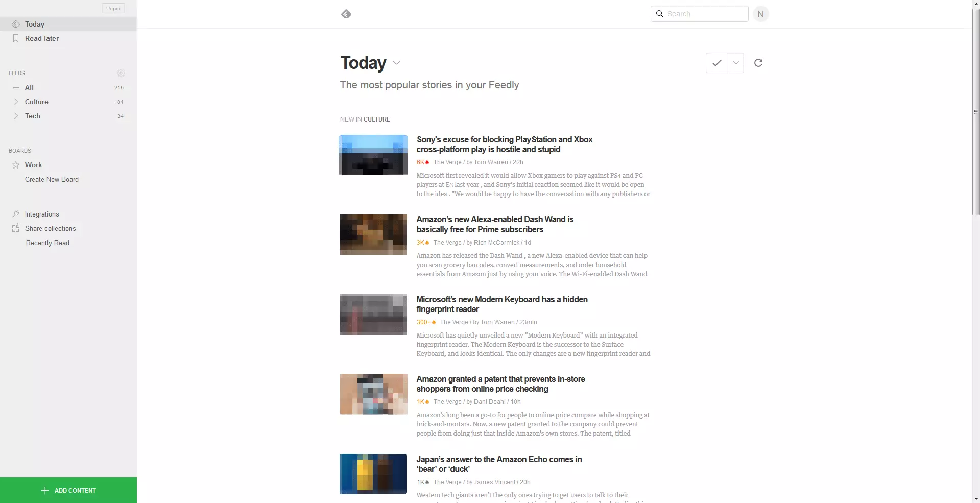 Interface de Feedly