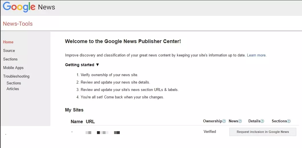 Google News Publisher Center Home Page