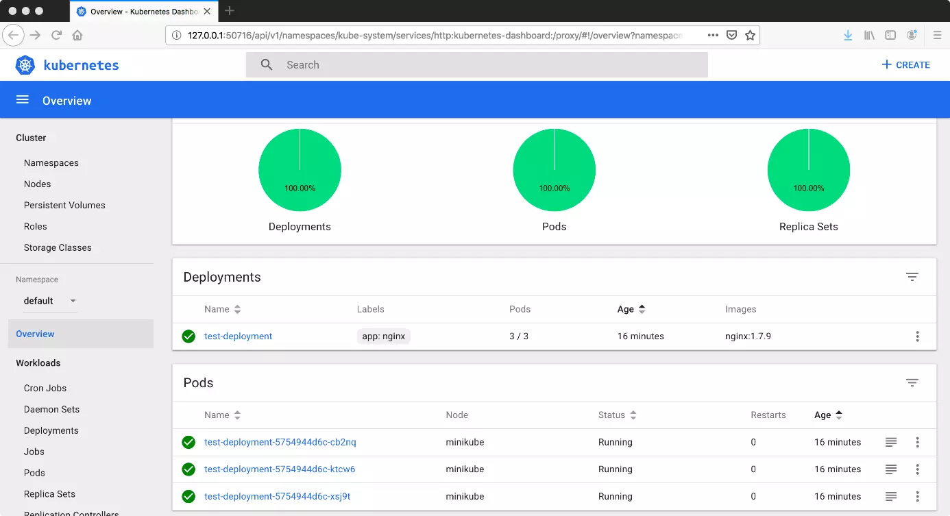 Tableau de bord Kubernetes avec un déploiement et trois pods