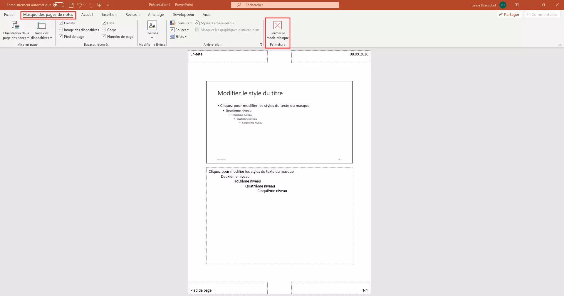 PowerPoint : fermer le masque de pages de notes