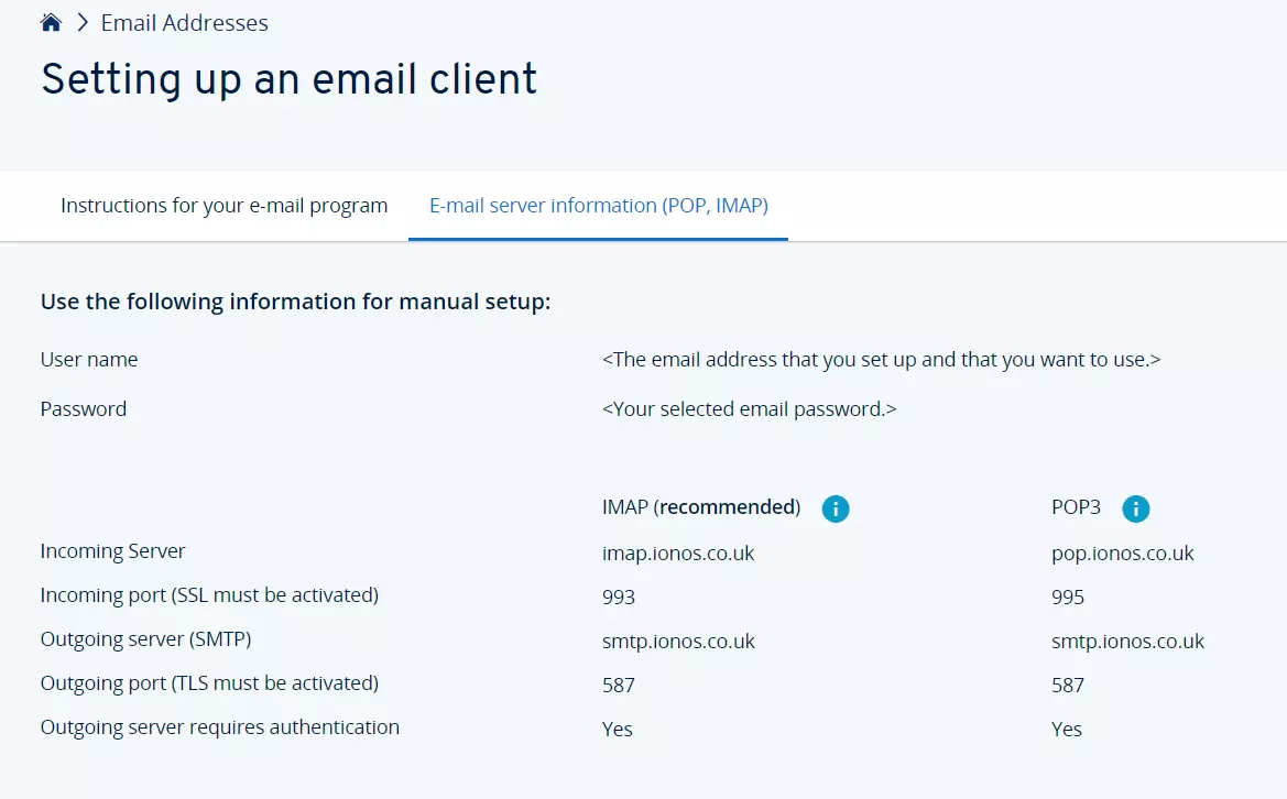 IONOS Email : configurer le programme de messagerie avec l’authentification SMTP