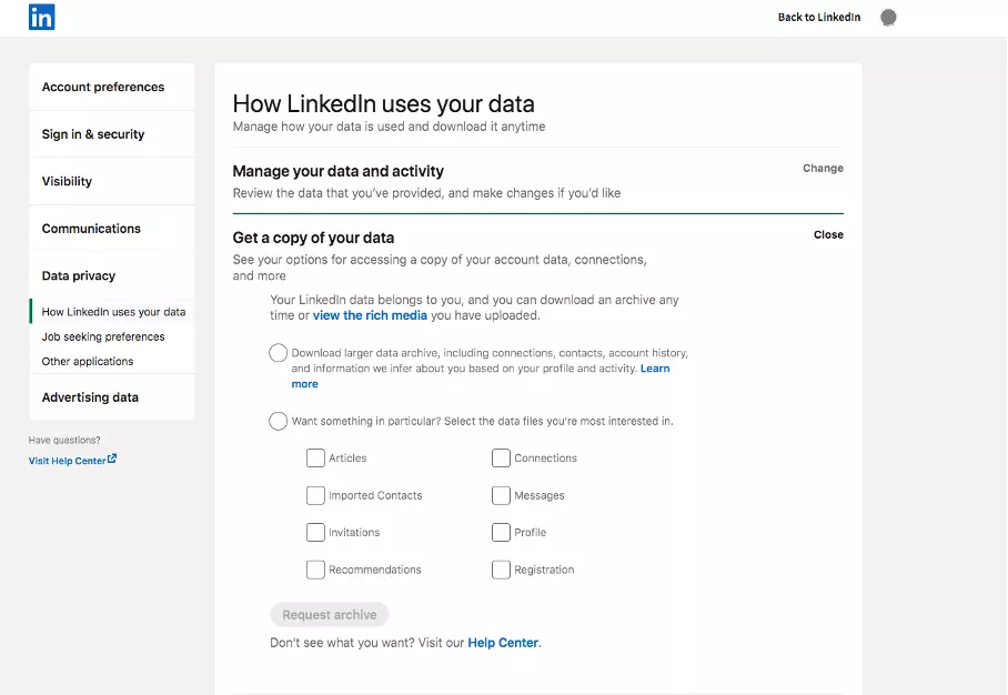 Capture d’écran des réglages LinkedIn