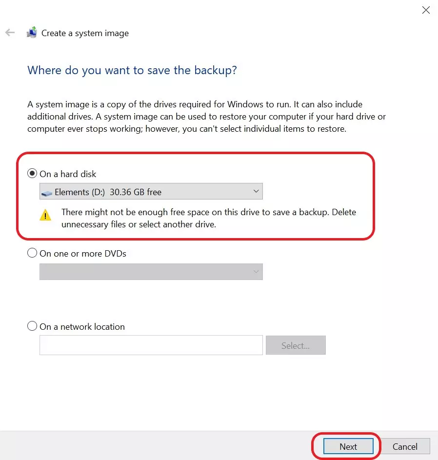 Options d’enregistrement pour les backups de Windows 10