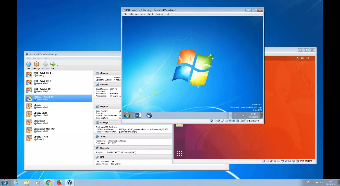 Windows 7 et Ubuntu 17.10 en tant que systèmes invités virtualisés via Oracle VM VirtualBox.