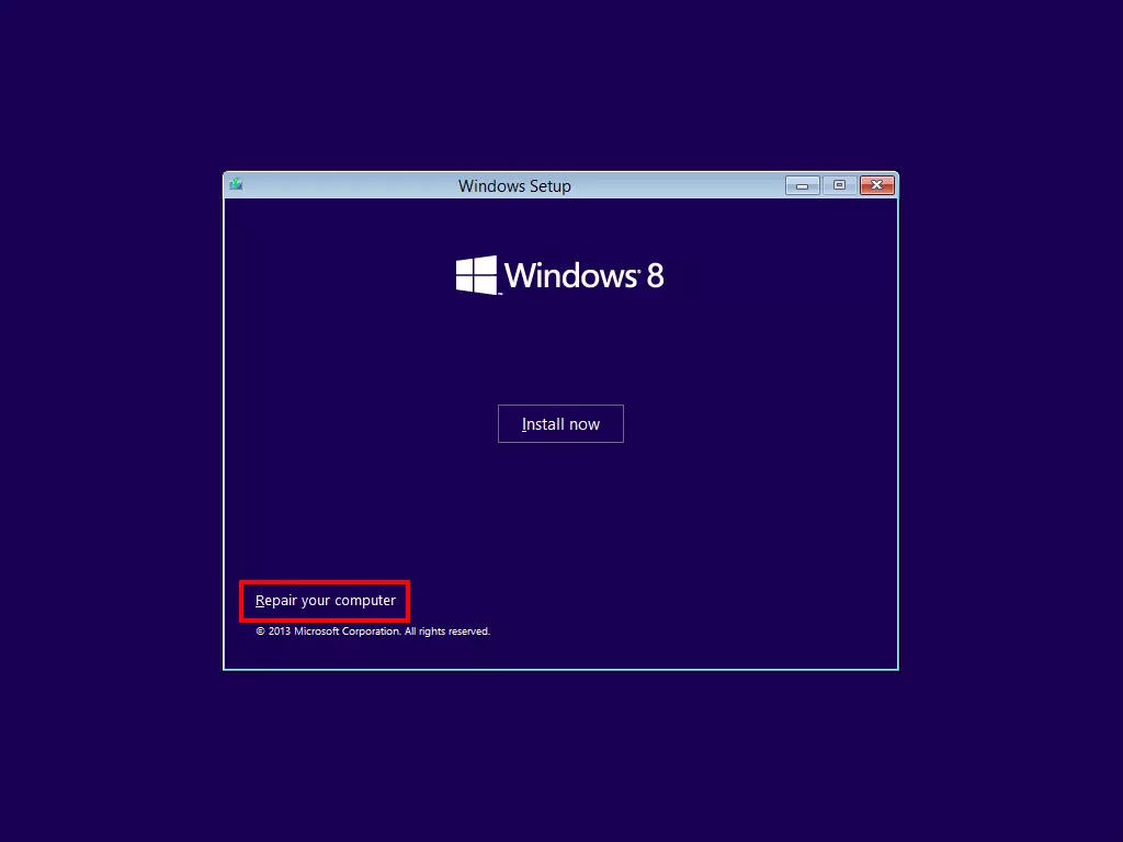 DVD Windows 8 – écran de démarrage avec l’option « Réparer votre ordinateur »
