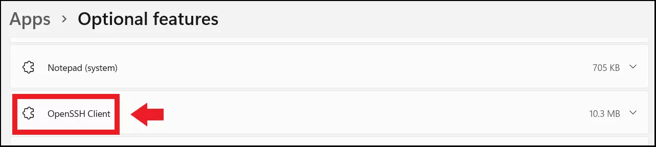 Le menu « Fonctionnalités facultatives » avec le client OpenSSH de Windows 11