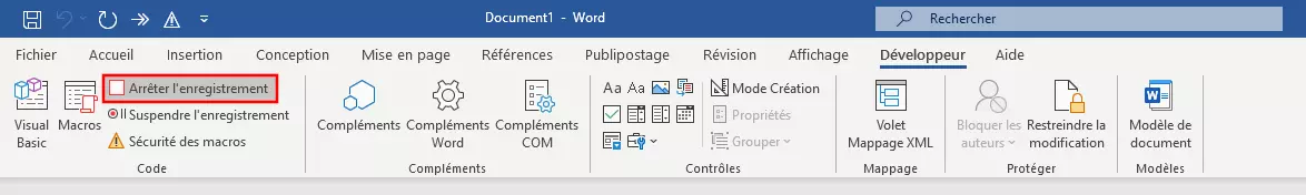 Onglet développeur dans Word 365 