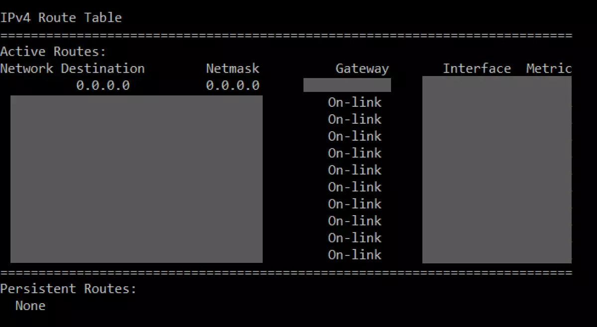 Une table de routage dans l’invite de commande de Windows