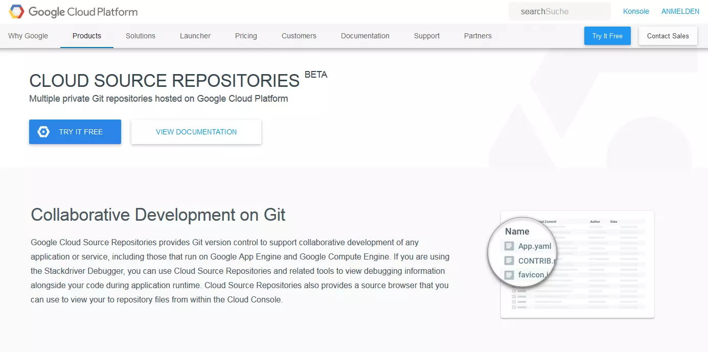 Page d’accueil de Cloud Source Repositories