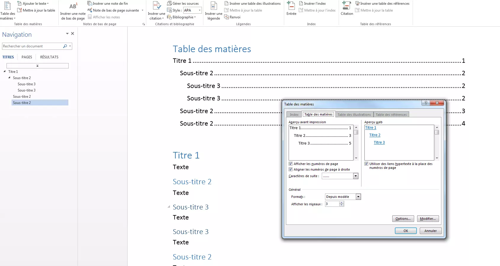 Fenêtre pour ajuster le format de la table des matières.