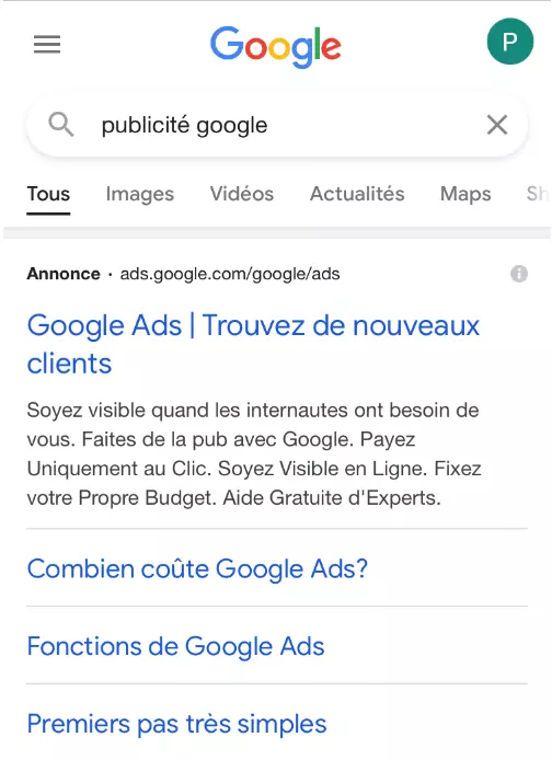 Une annonce Google Ads pour le service Google Ads dans les pages de résultats de Google