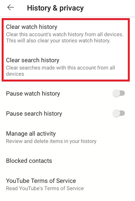 Application YouTube : menu « Historique et confidentialité »