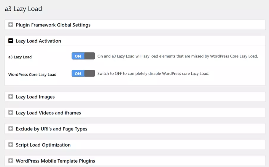 Différentes options dans le plugin a3 Lazy Load