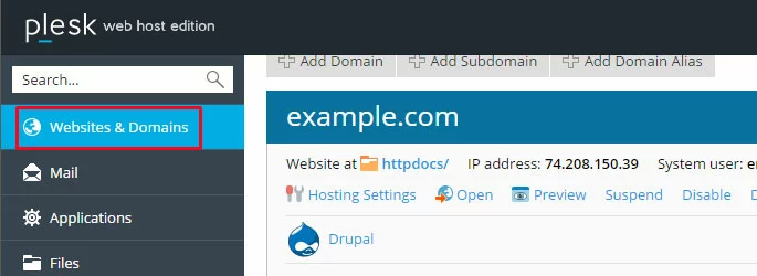 Interface utilisateur de Plesk : Sites Webs & Domaines