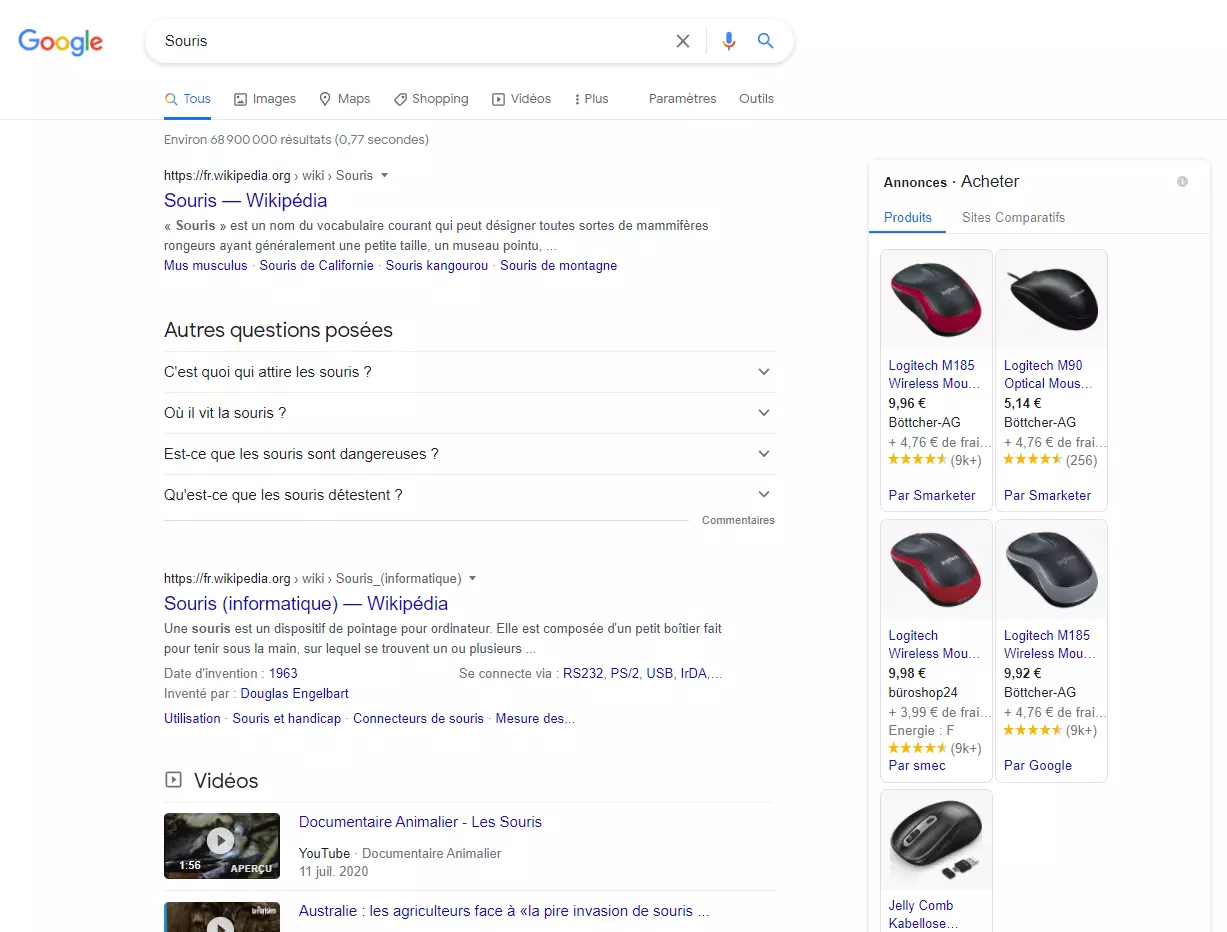 Page de résultats Google pour la requête “souris”