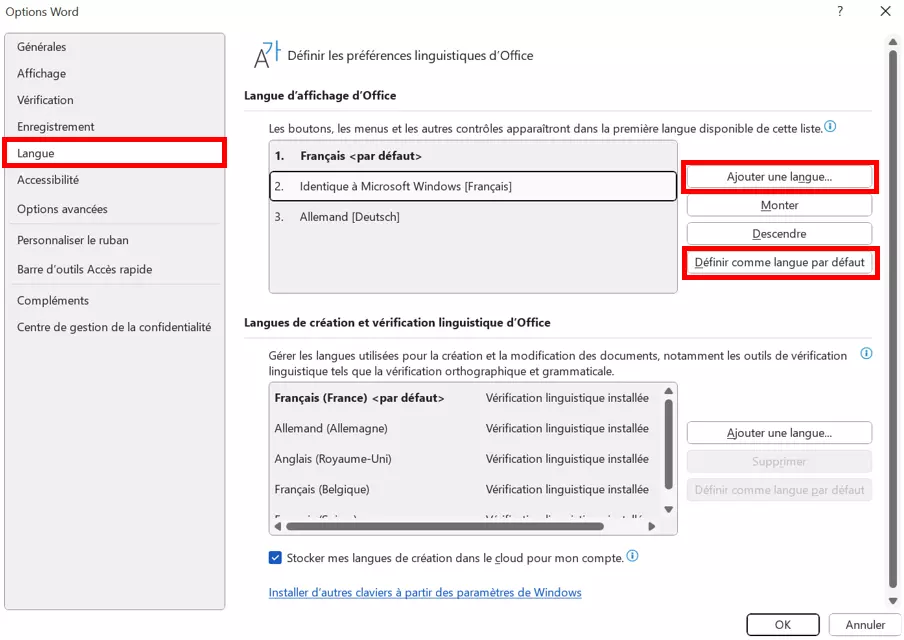 Paramètres de langue dans Word