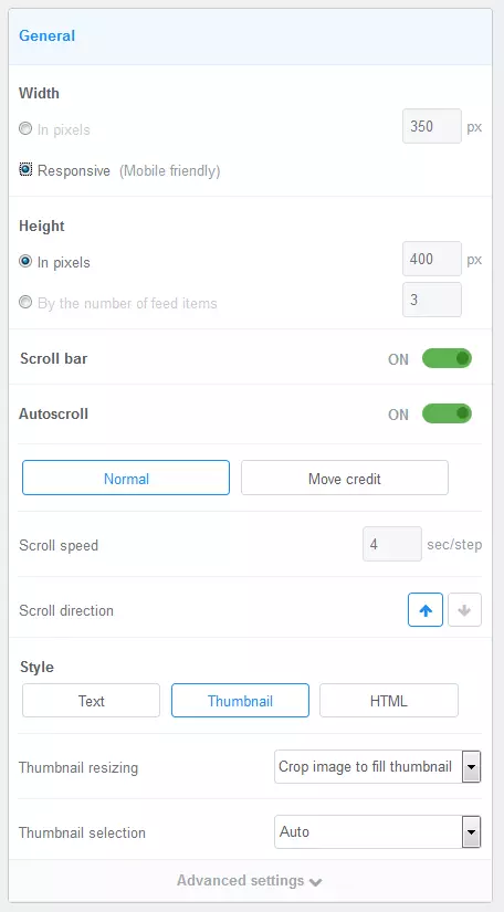 Menu FeedWind : configurations générales