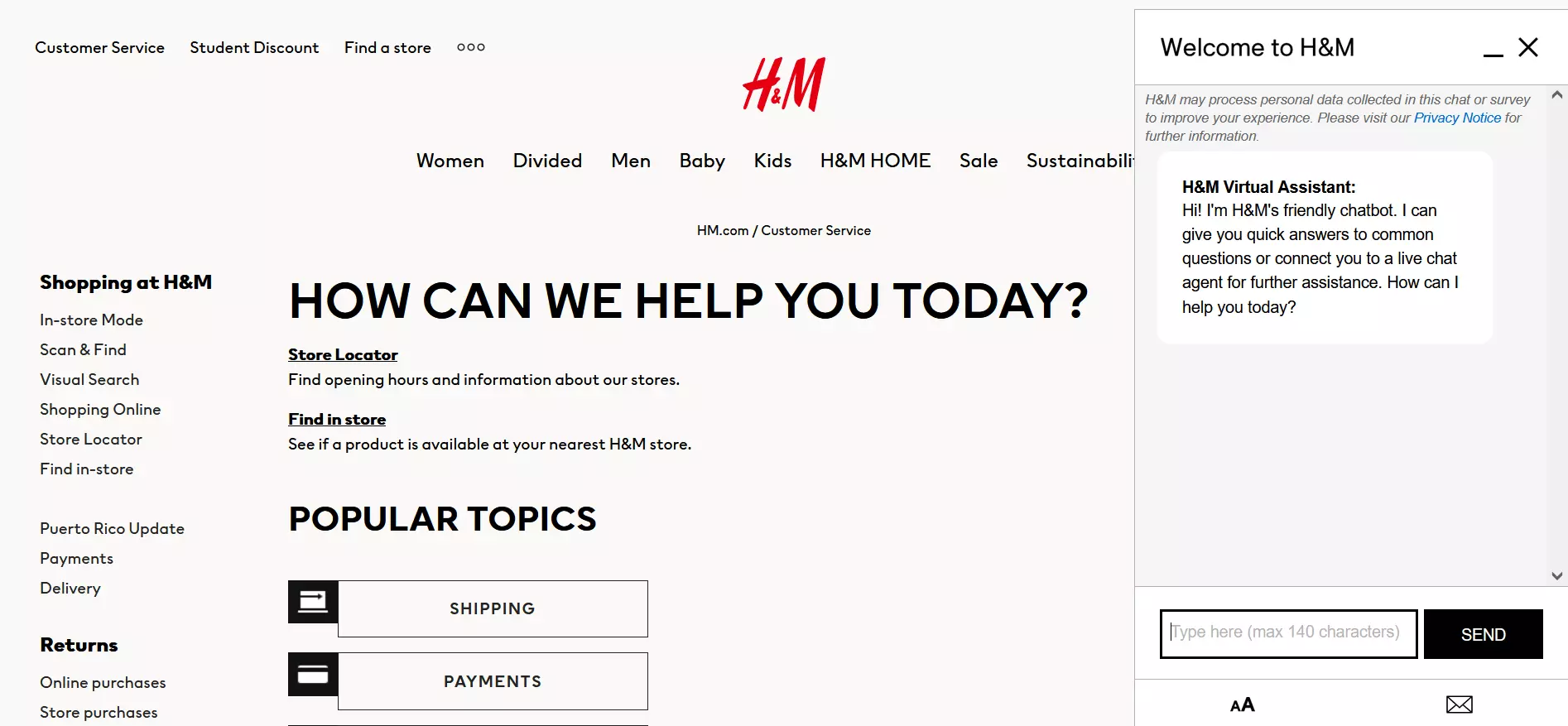 Capture d’écran de la page du service clientèle de H&M avec la fenêtre du chatbot.