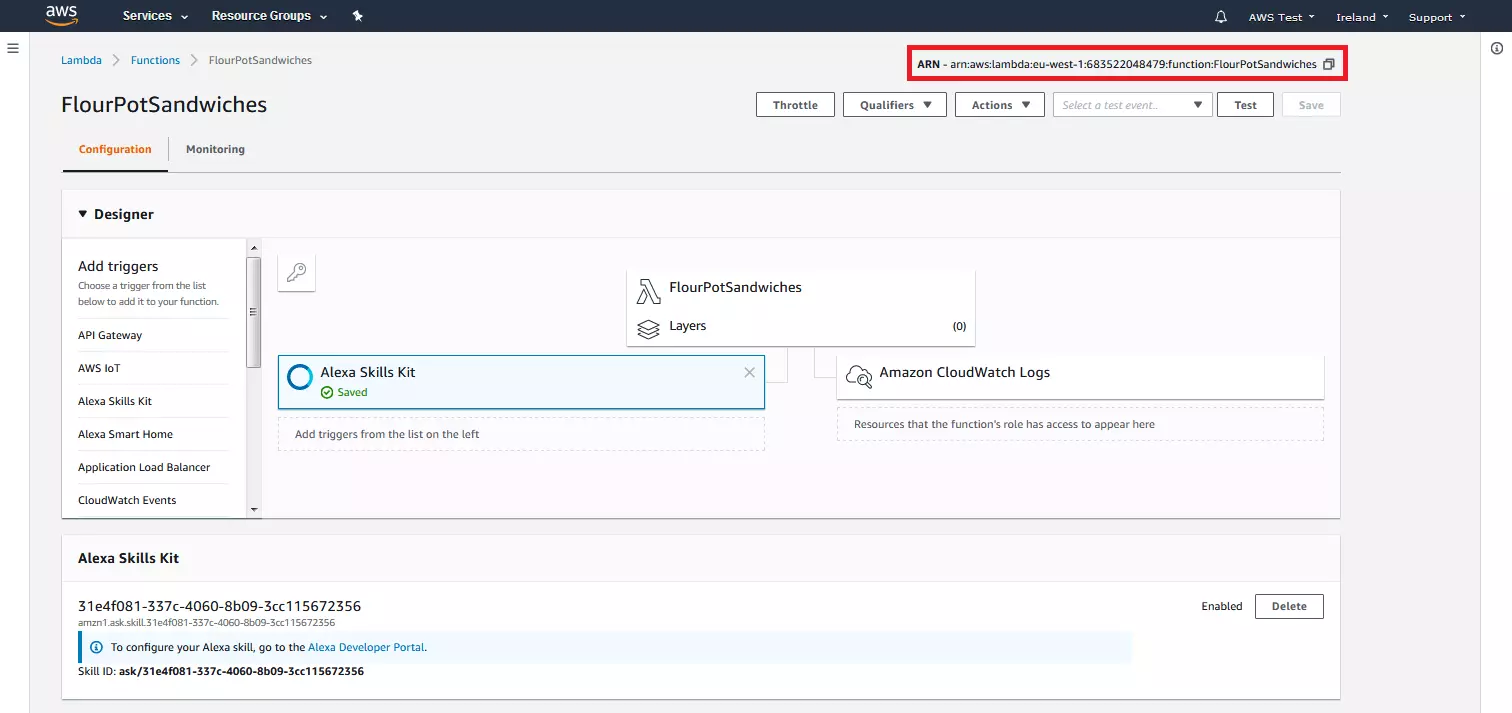 AWS Management Console : l’ARN de la fonction Lambda