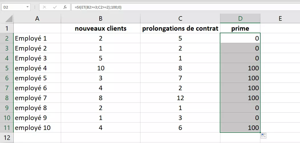 Exemple de tableau Excel avec résultat