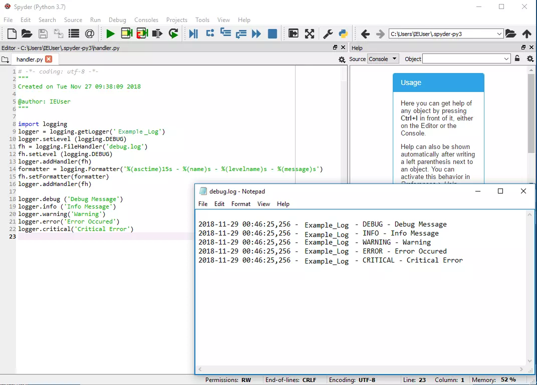 Éditeur Python avec méthode Logger et attributs de formatage, ainsi que le texte dans le fichier journal avec les informations formatées