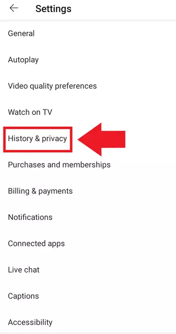 Paramètres de l’application YouTube : « Historique et confidentialité »