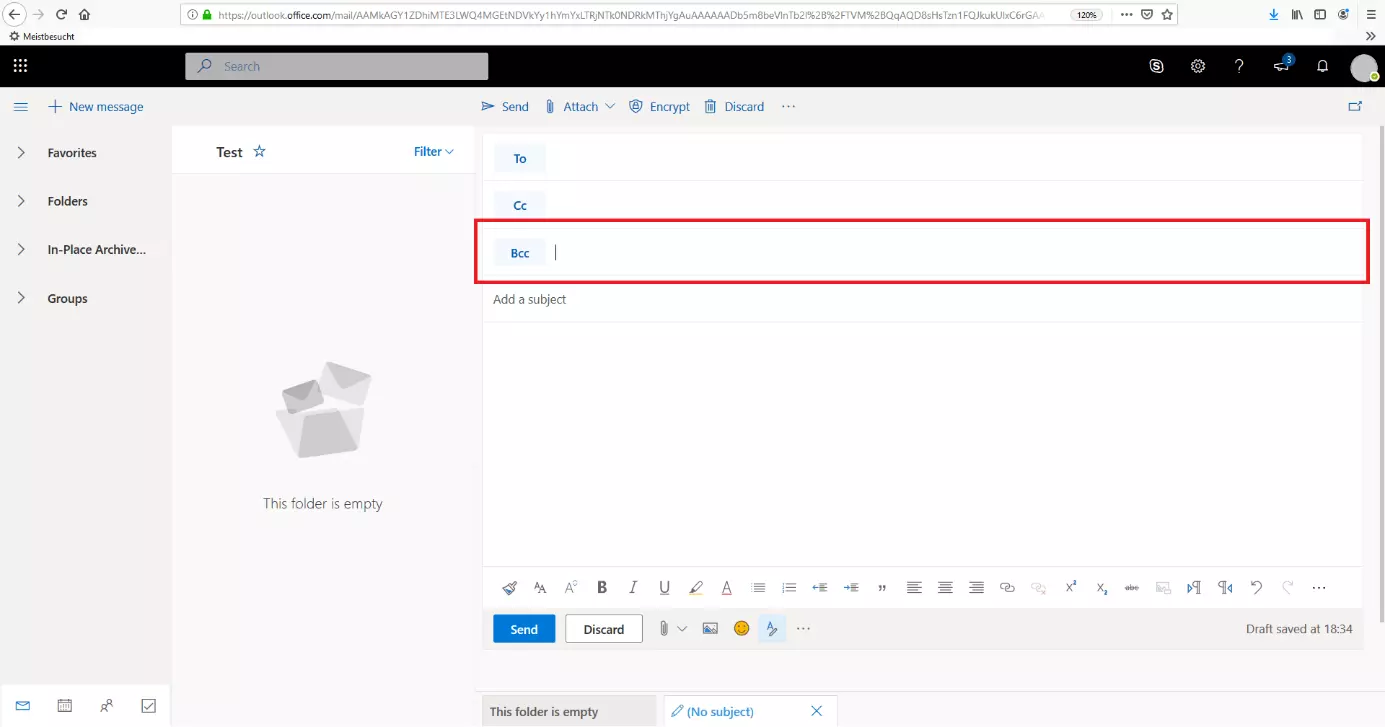 Application Web Outlook : Interface d’utilisateur avec champ Cci activé