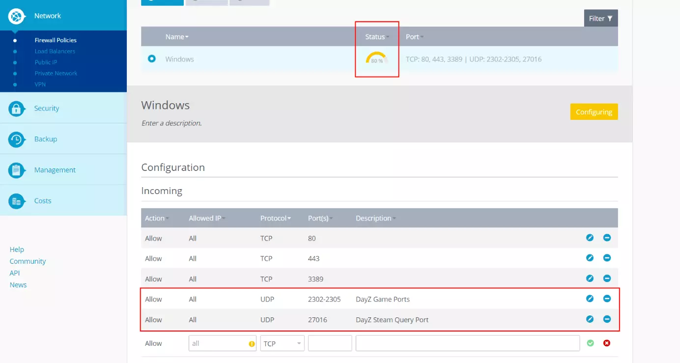 Ports activés dans le Cloud Panel de IONOS