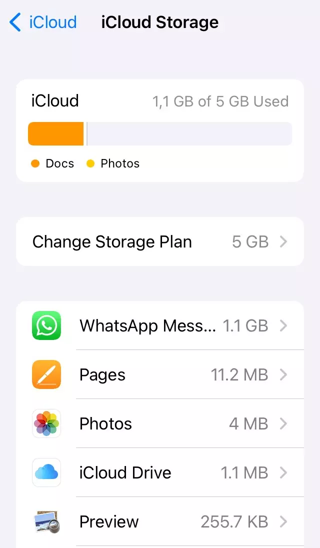 Capture d’écran de « Stockage iCloud » sur iPhone