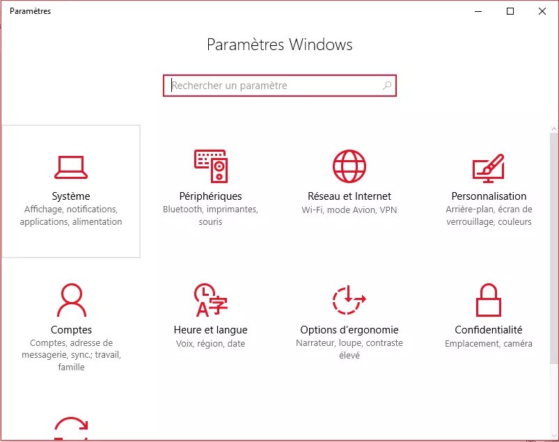 Fenêtre « Paramètres » sous Windows 10