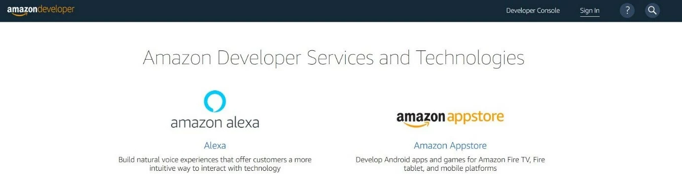 Amazon Developer Services : Page d'accueil