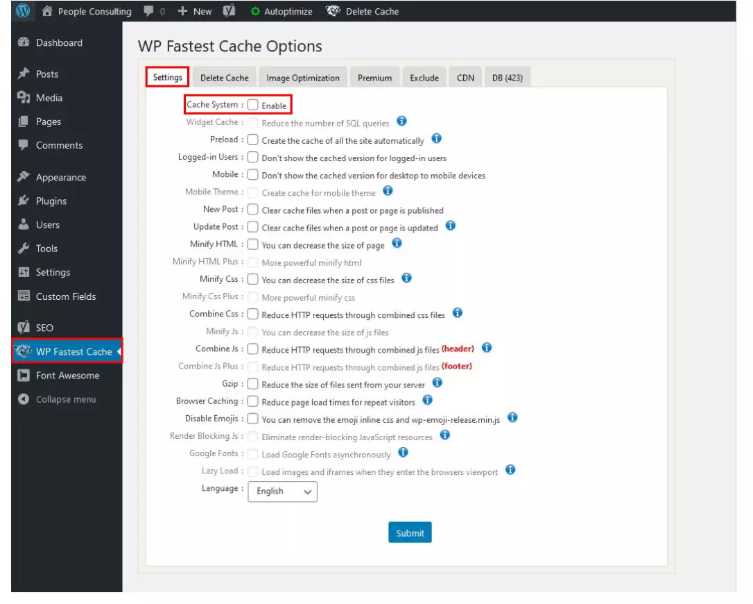 Options WP Fastest Cache : option permettant de désactiver le système de mise en cache