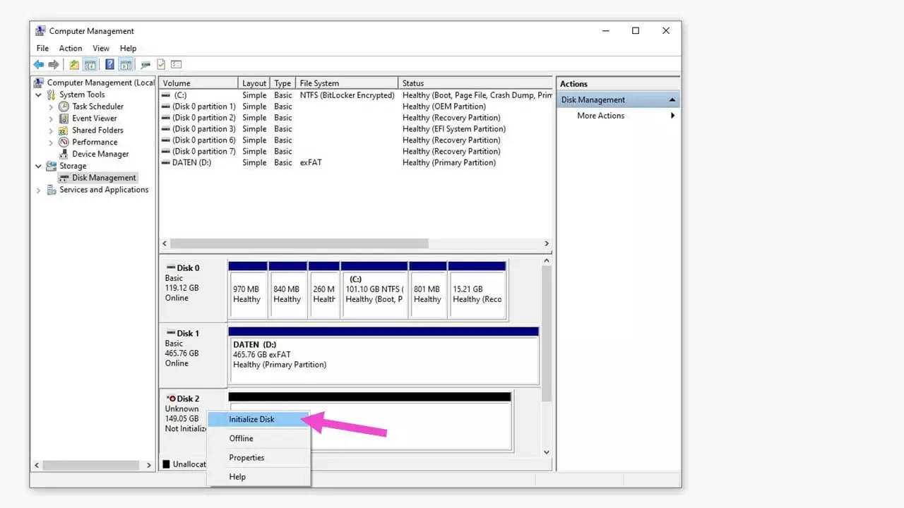 Gestion des disques Windows avec un disque 2 inconnu