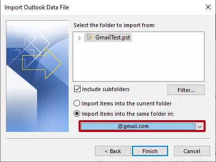 Assistant Importer/Exporter Outlook : choix du compte Gmail