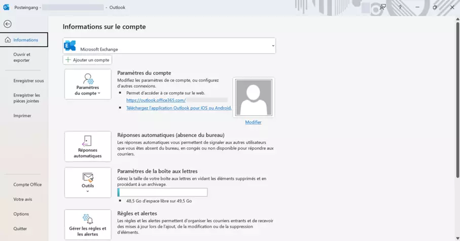 Capture d’écran de la page d’informations sur votre compte Outlook