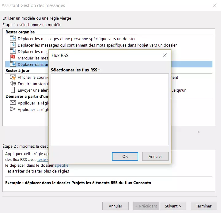 Assistant règles Outlook : choix des modèles de feeds