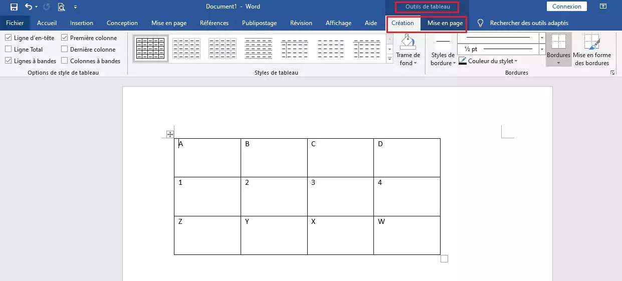 Sélection d’outils de tableaux dans Word