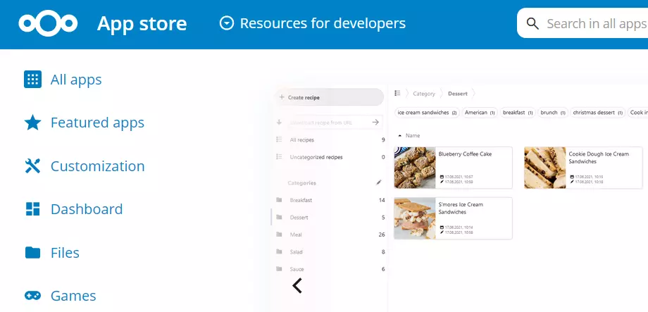 Capture d’écran de l’application Cookbook dans l’App Store de Nextcloud