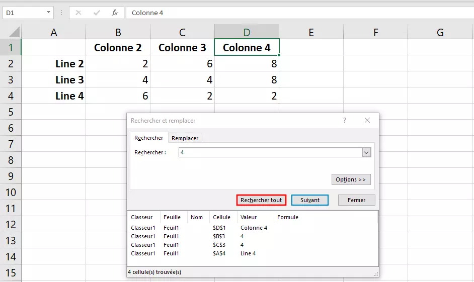 Fonction Rechercher dans Excel : affichage de tous les résultats pour un terme de recherche